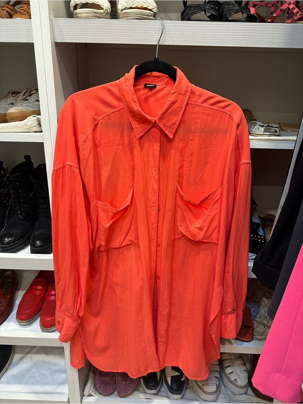 Monrow Coral Lightweight silk satin button down  top